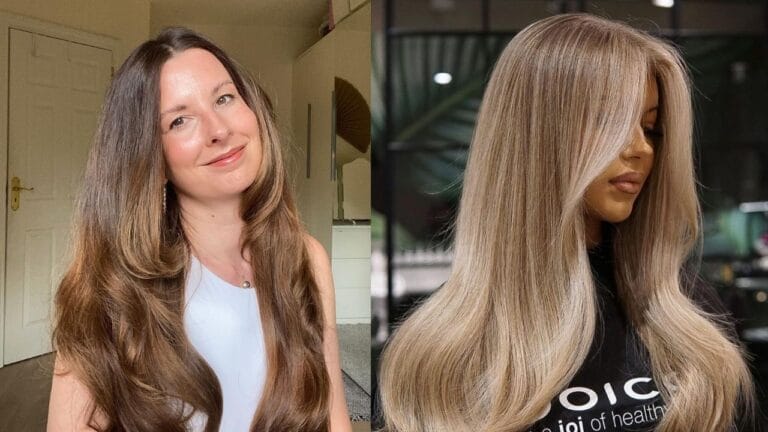 24 Quick Summer Hairstyles for Hot Days That Beat the Heat Fast Long, layered hair with soft waves and warm brown tones on the left, paired with sleek, straight ash blonde hair on the right.