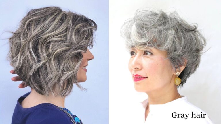 Side by side view of a curly gray bob with soft layers and bangs, showing textured waves and a short voluminous shape.