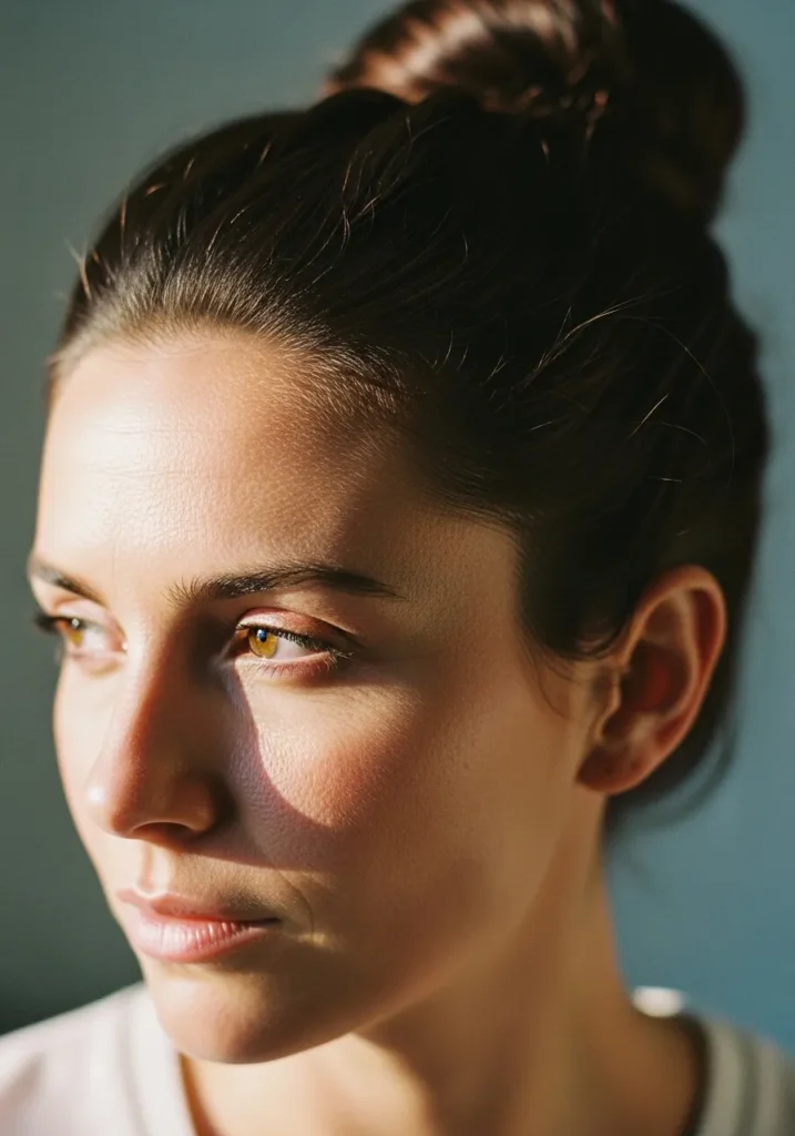 Sleek high bun with a smooth polished finish and tightly secured strands.