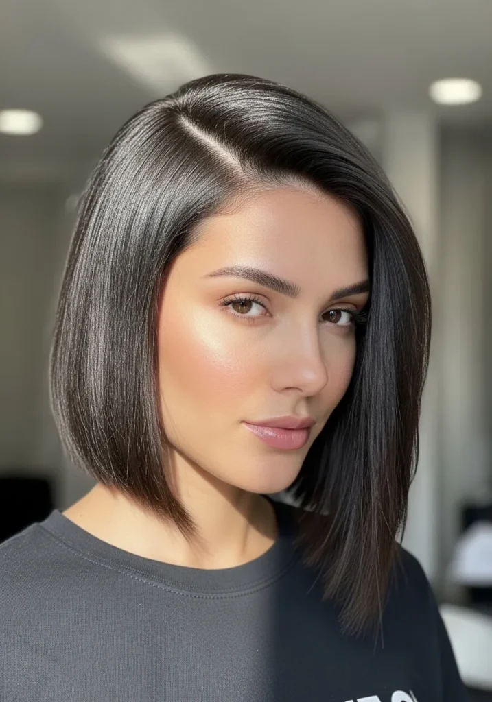 Shoulder length straight lob with glossy finish and softly tucked ends.