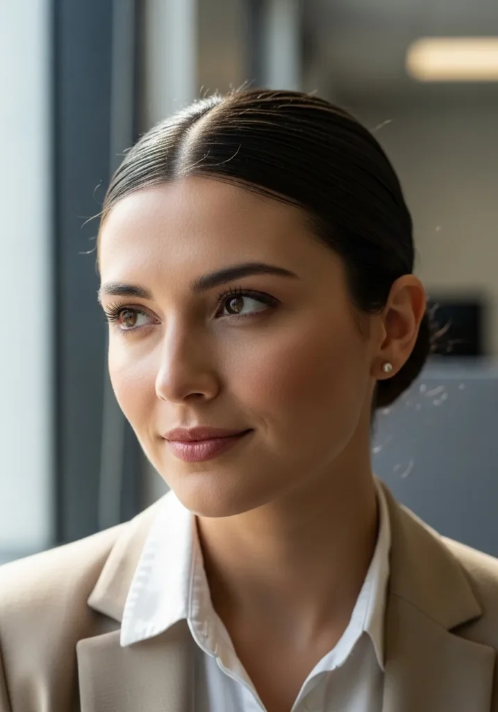 Long hair styled into a low twisted bun with soft volume at the crown.