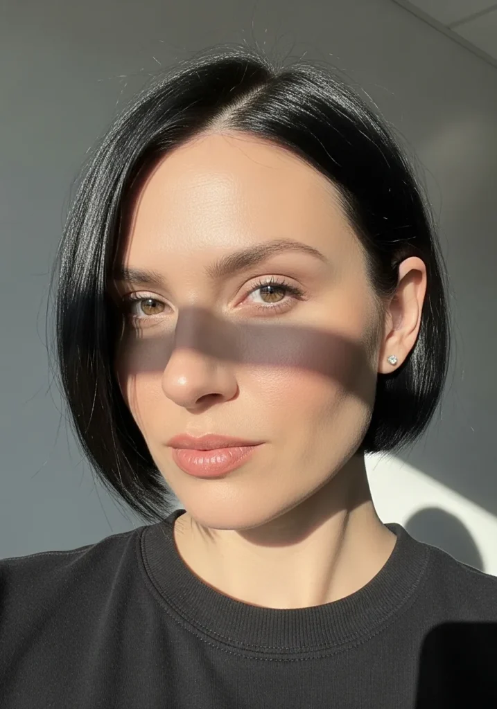 Chin length blunt bob with a side part and sleek smooth finish.