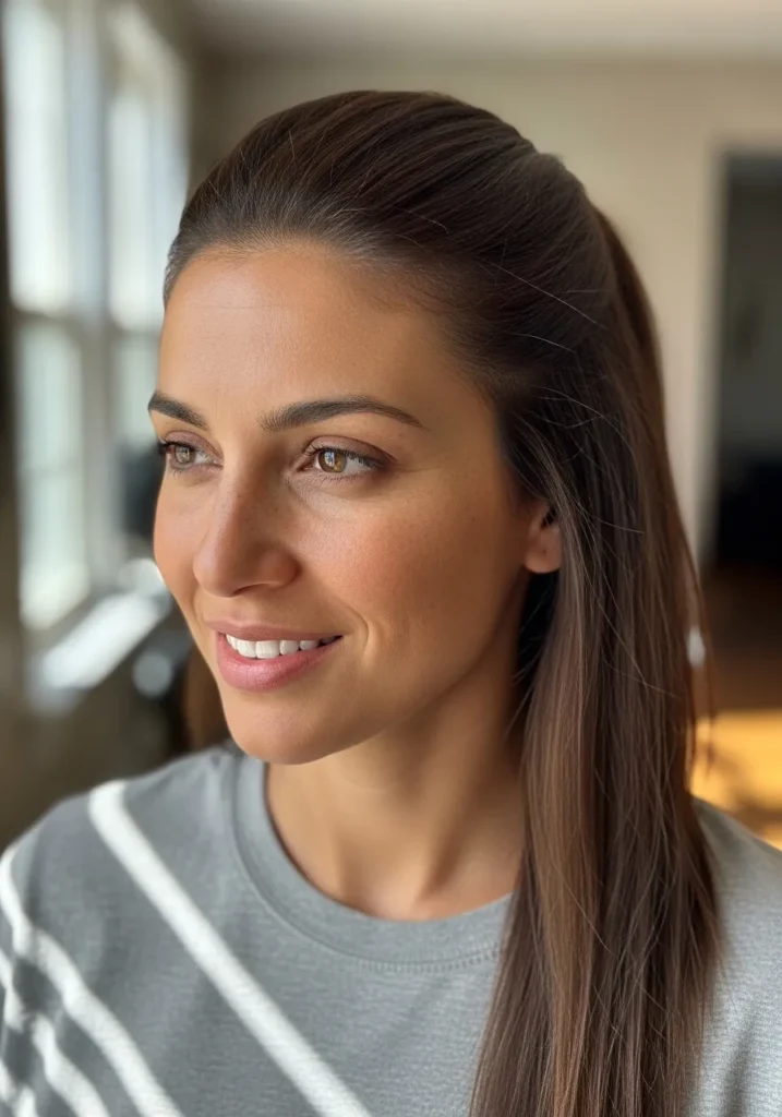 Long straight brown hair with soft volume at the crown and smooth lengths.