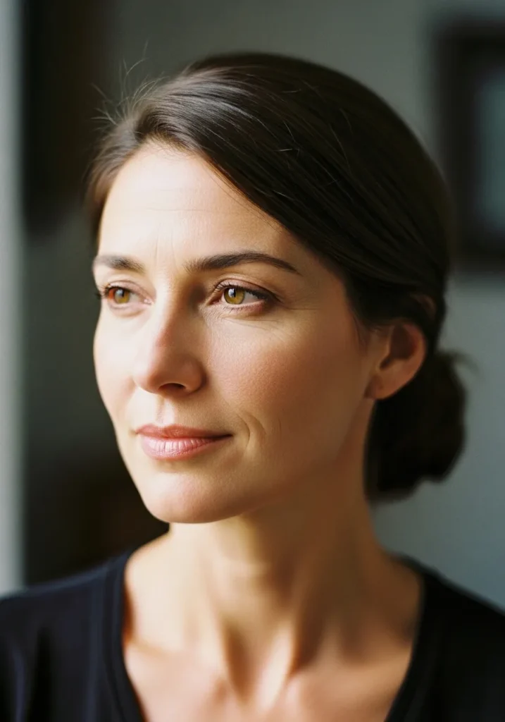 Low sleek bun with a side part and smooth polished finish.