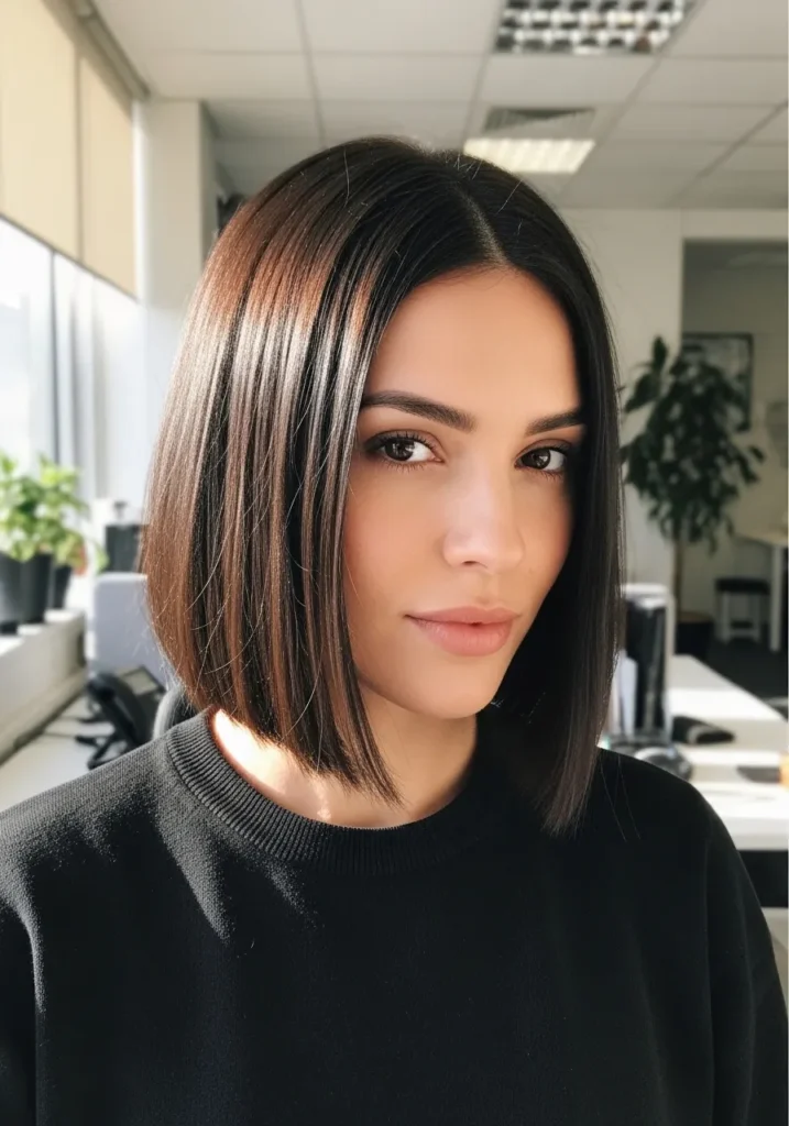 Shoulder length blunt lob with a center part and glossy smooth finish.