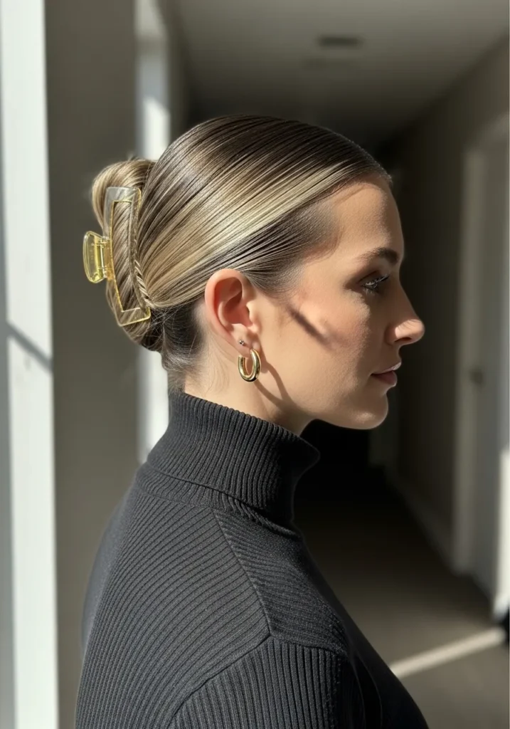 Blonde hair styled in a twisted claw clip updo with a smooth top.