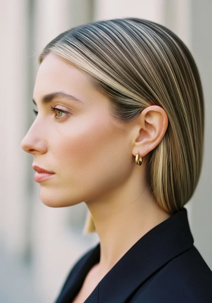 Chin length blunt bob with a deep side part and sleek polished finish.