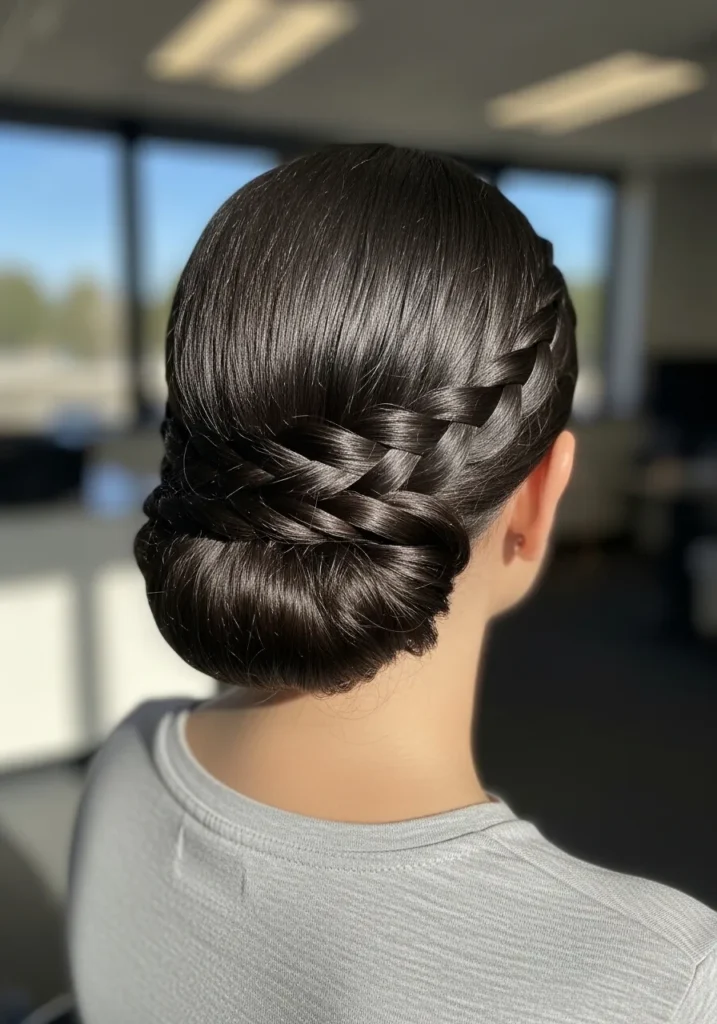 Brunette hair styled into a braided low bun with a smooth crown.