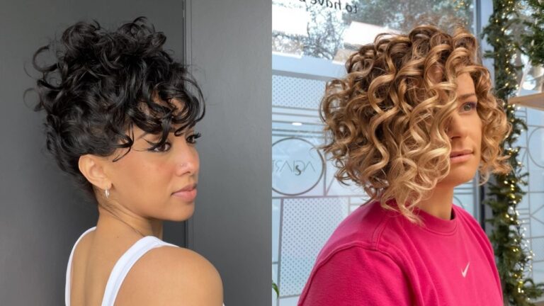 Two women demonstrate stunning short curly hairstyles, featuring a voluminous dark brunette curly updo with soft ringlet bangs on the left and a bouncy, honey-blonde angled curly bob on the right.