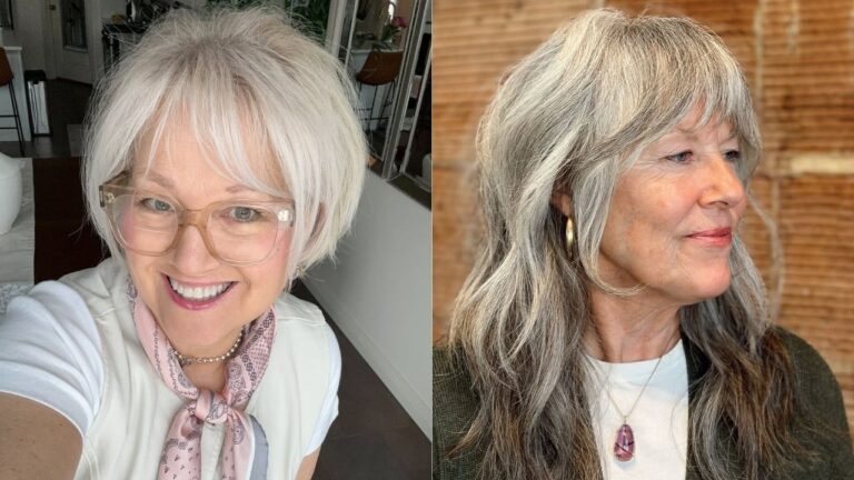 Two older women with voluminous layered hairstyles and soft bangs, one with a short fluffy white bob and the other with long gray layers and a full fringe.