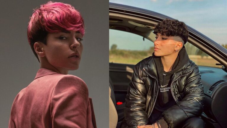 24 Trendy Tomboy Hairstyles To Refresh Your Entire Look Two tomboy hairstyles featuring a short pink textured pixie and a curly undercut with shaved sides and volume on top.