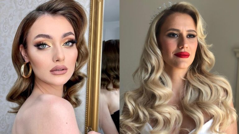A side-by-side comparison displays two romantic updo hairstyles, featuring a low brunette braided bun with crystal hair pins on the left and a voluminous blonde textured updo accented by a delicate pearl floral vine on the right.