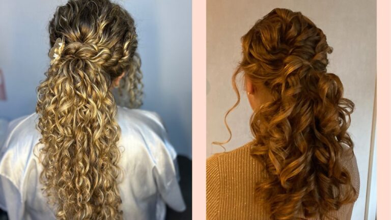 Long curly hair styled in a voluminous half up ponytail with braided detail at the crown and cascading defined curls.