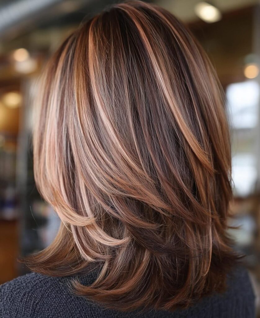 A back view of a woman with a mid-length layered haircut featuring mocha brown hair with caramel highlights and feathered ends.