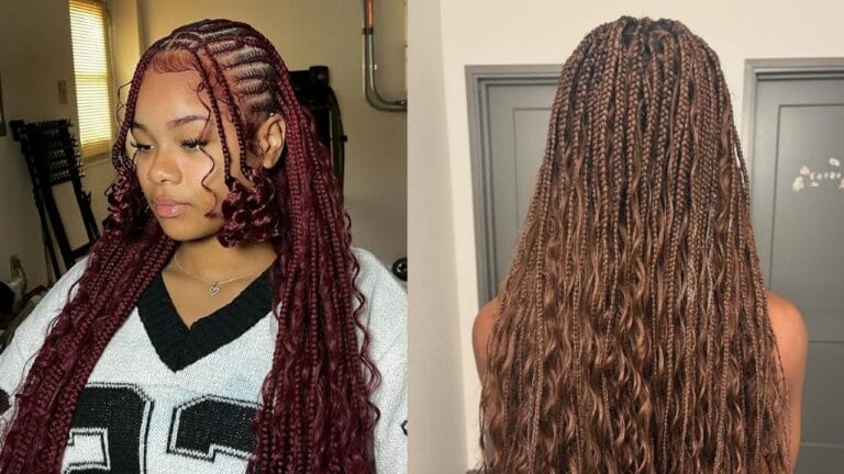 Two braided hairstyle looks side by side: on the left, long burgundy knotless box braids with curly ends and cornrow detailing at the roots, and on the right, a back view of medium brown knotless box braids with wavy, flowing ends.