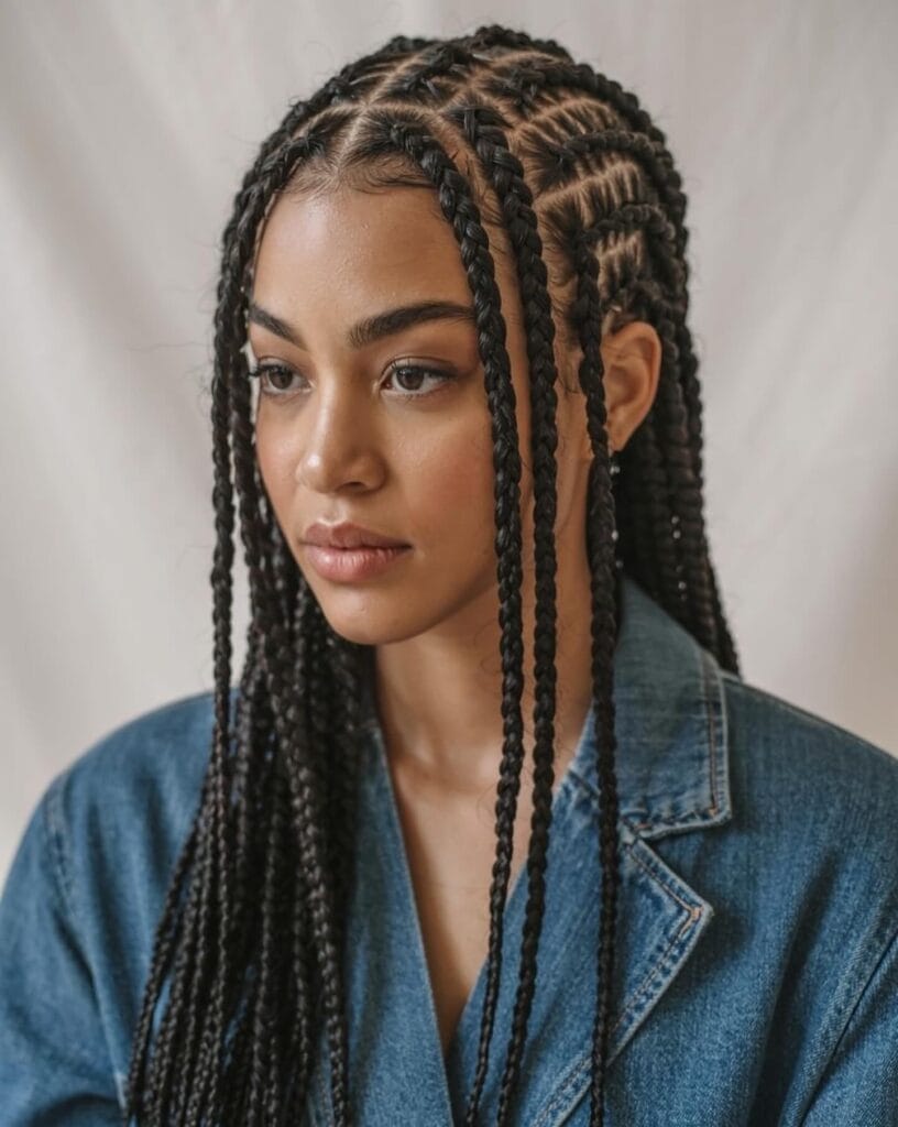 A young woman wears neat black stitch cornrow braids with two specific braids left hanging forward to frame her face.