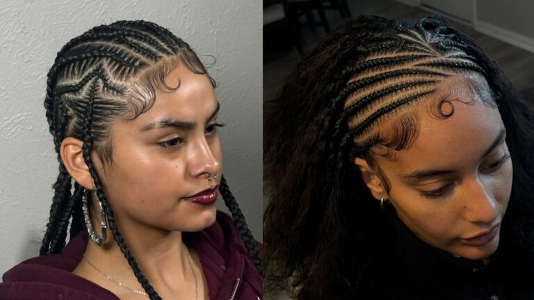Creative braided hairstyle with intricate side patterns, defined edges, and long braids paired with loose natural texture for contrast
