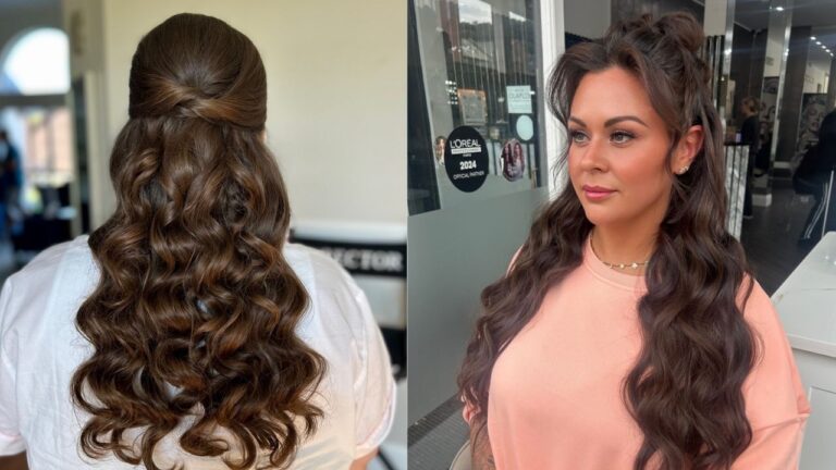 25 Effortless Half Up Half Down Summer Hairstyles for Any Occasion A side-by-side photo showing a brunette woman's elegant half-up half-down hairstyle with long, voluminous curls, featuring a twisted or braided crown detail at the top — photographed from the back on the left and from the front on the right in a salon setting.