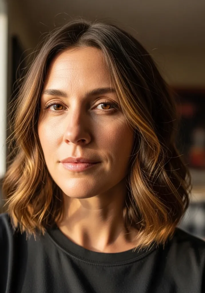 A woman with a brunette wavy long bob styled with soft waves and a natural shiny finish.