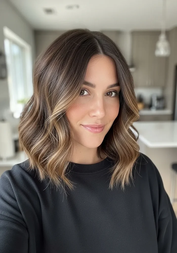 A woman with a brunette wavy long bob with soft layers and natural volume.