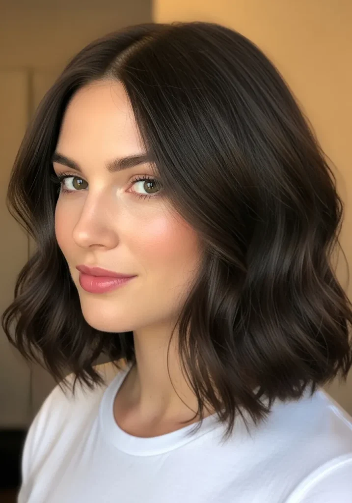 A woman with a classic dark brown wavy long bob with soft balanced waves.