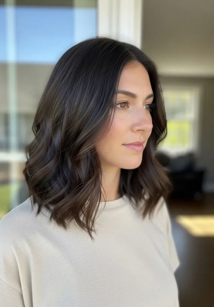 A woman with a dark wavy long bob with loose natural waves and soft movement.