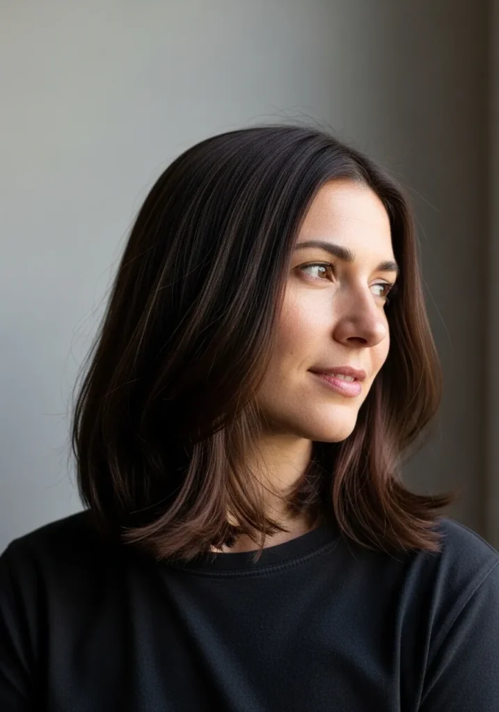 A woman with a sleek brunette long bob styled with soft subtle waves.