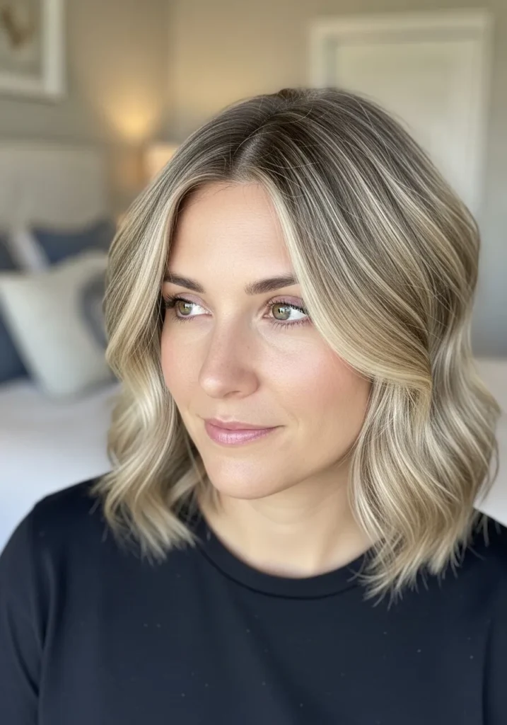 A woman with a soft blonde wavy long bob with airy layers and natural movement.