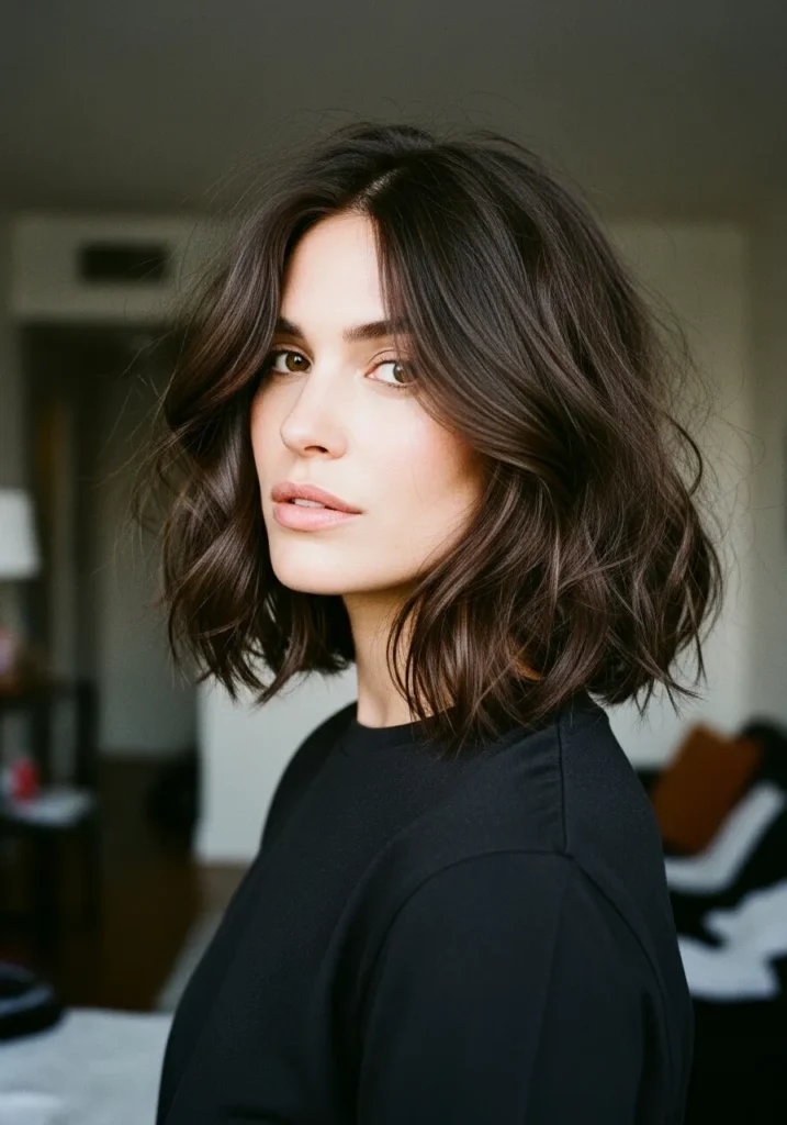 A woman with a dark wavy long bob with textured waves and added volume.