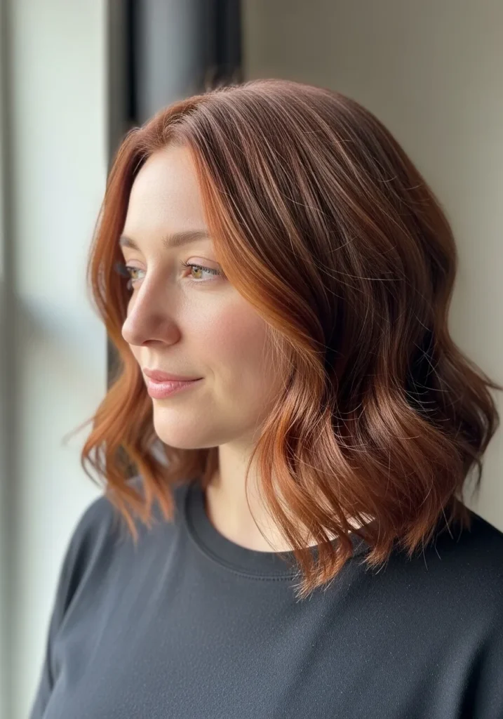 A woman with a copper wavy long bob with soft loose waves and a warm tone.