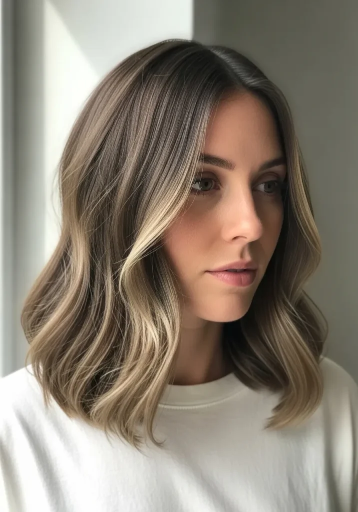A woman with a beige blonde wavy long bob with soft waves and a natural root blend.