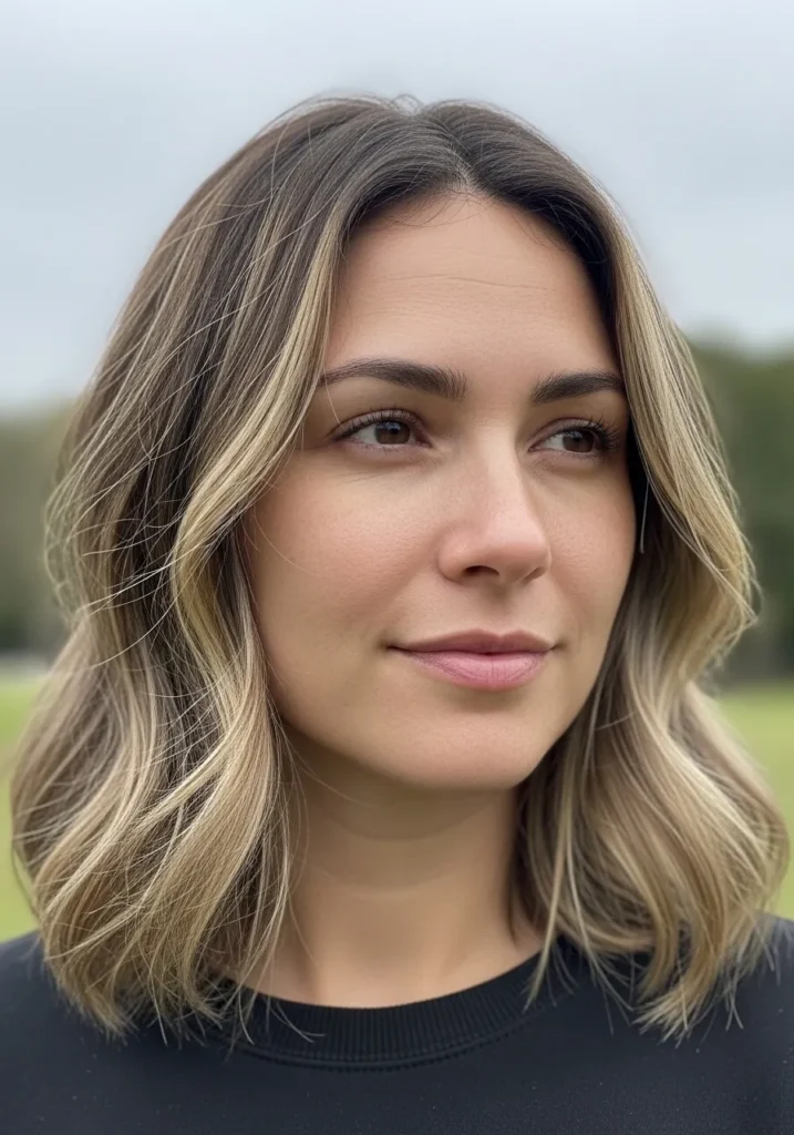 A woman with a blonde wavy long bob featuring face framing highlights and soft loose waves.