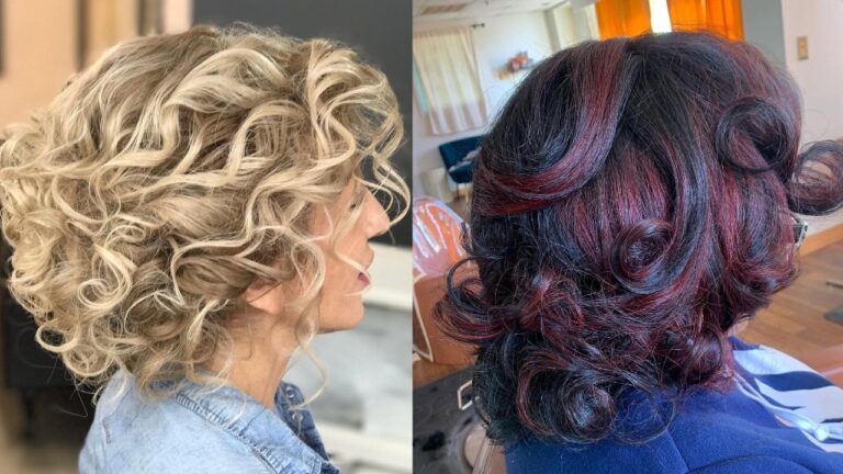 Two women demonstrate glamorous short curly hairstyles for parties, featuring a voluminous blonde updo with tight, defined ringlets on the left and a sophisticated dark brunette bob with deep burgundy highlights and elegant pin curls on the right.