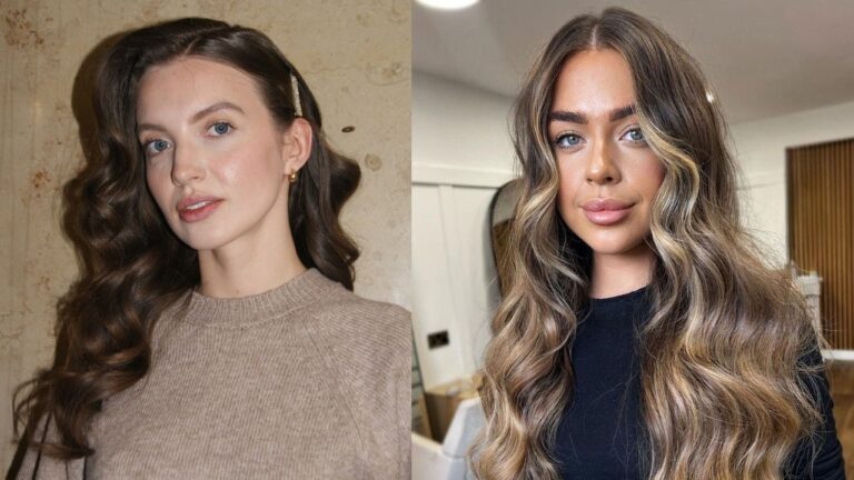 Two women showcasing glamorous wavy hairstyles — one with dark brown pinned-back Hollywood waves accented with a gold clip, and the other with long, flowing balayage waves in brunette and blonde tones.