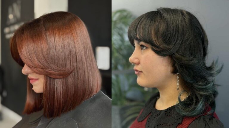 A side-by-side comparison displays two modern medium-length hairstyles, featuring a sleek auburn lob with face-framing layers on the left and a textured black shag with flipped-out ends and feathered bangs on the right.