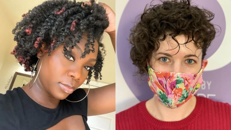 The first image displays a side-by-side comparison of two modern medium-length hairstyles, featuring a sleek auburn lob with face-framing layers on the left and a textured black shag with flipped-out ends and feathered bangs on the right, while the second image shows two natural short curly styles, including defined dark coils with red highlights on the left and a voluminous brunette curly pixie cut on the right.