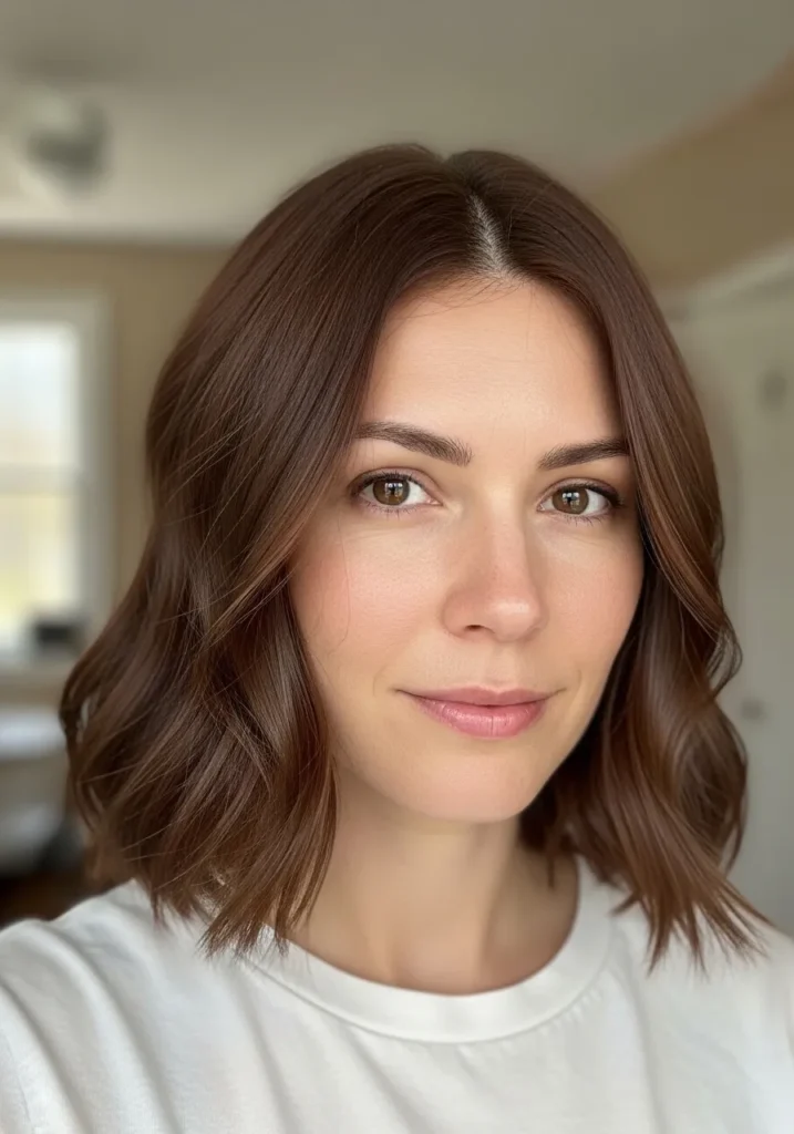 Chin length brown wavy bob with soft natural waves and a clean finish.