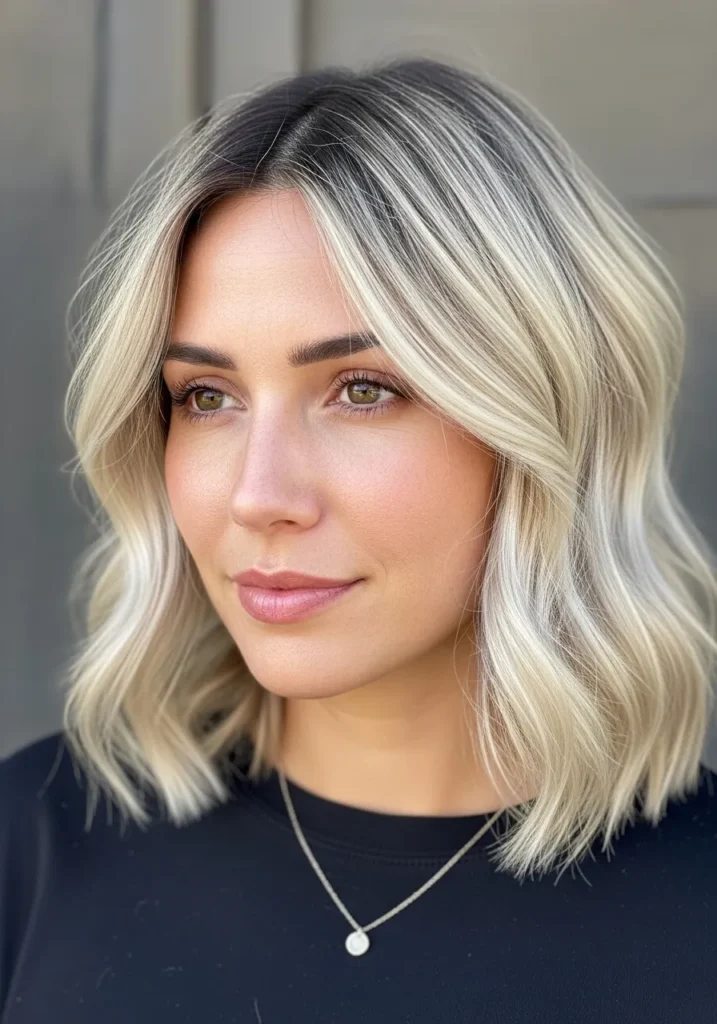 Short cool blonde wavy bob with soft dimension and natural texture.