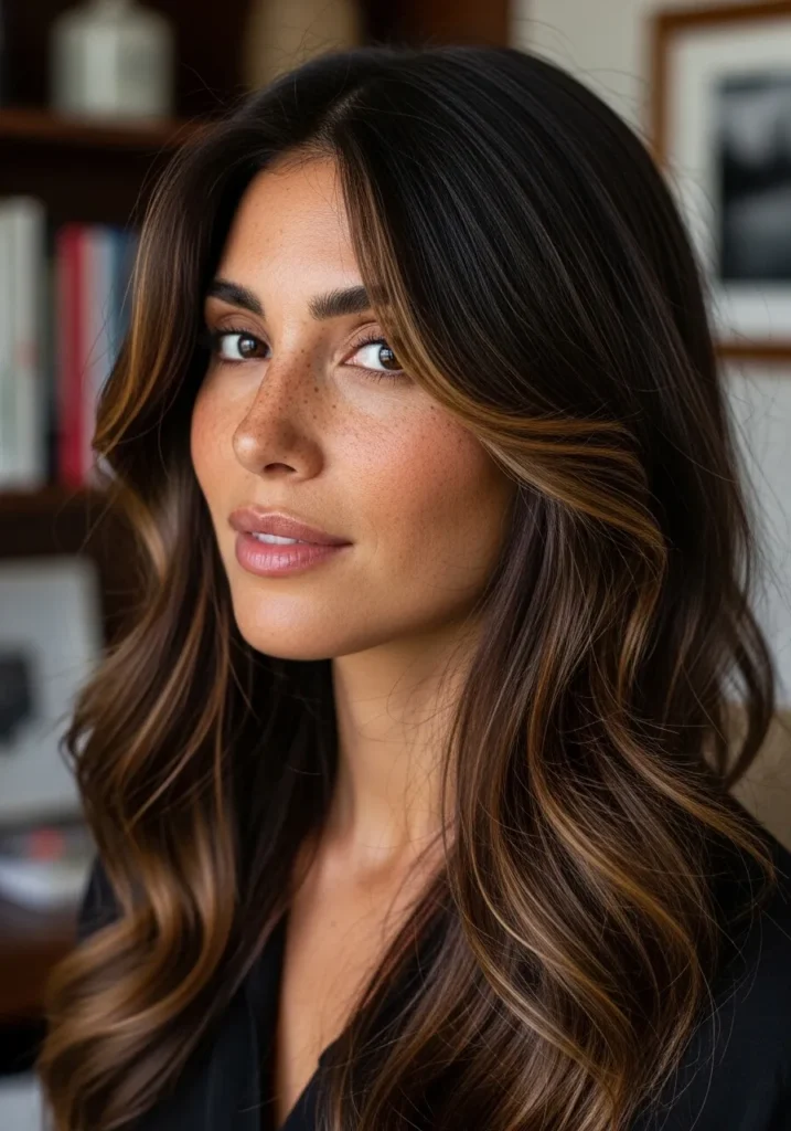 Long brunette wavy hair with face framing highlights and soft layers.