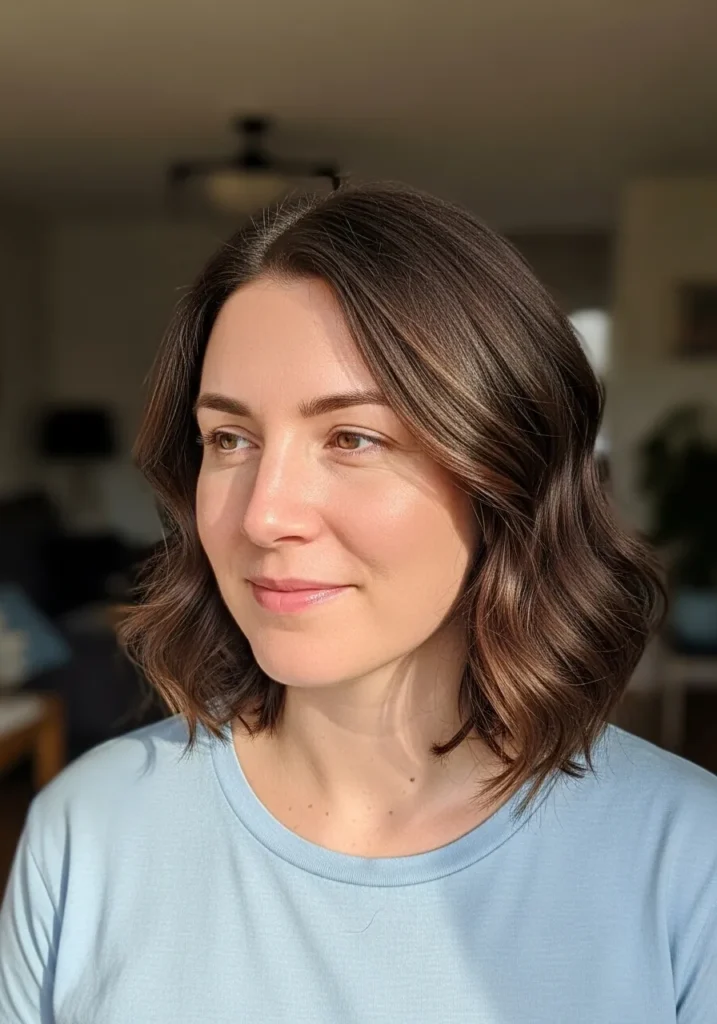 Short brown wavy bob with soft natural movement and light texture.