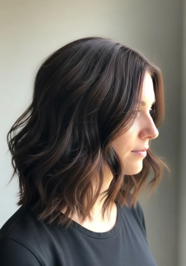 Short dark brown wavy bob with a side part and soft texture.