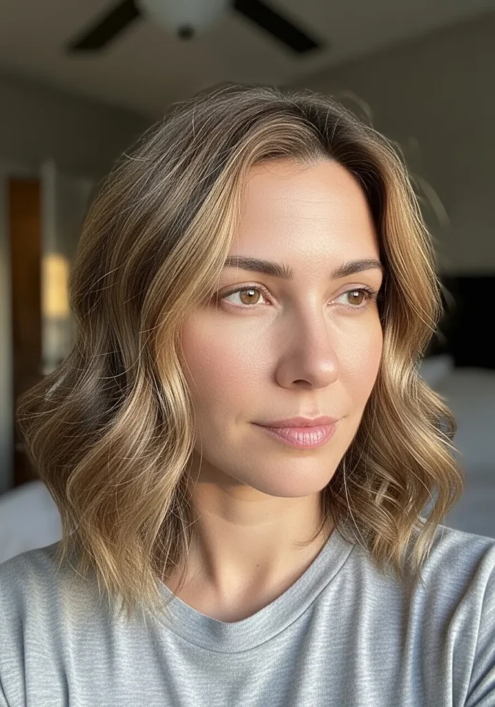 Shoulder length beige blonde wavy lob with soft layers and natural movement.