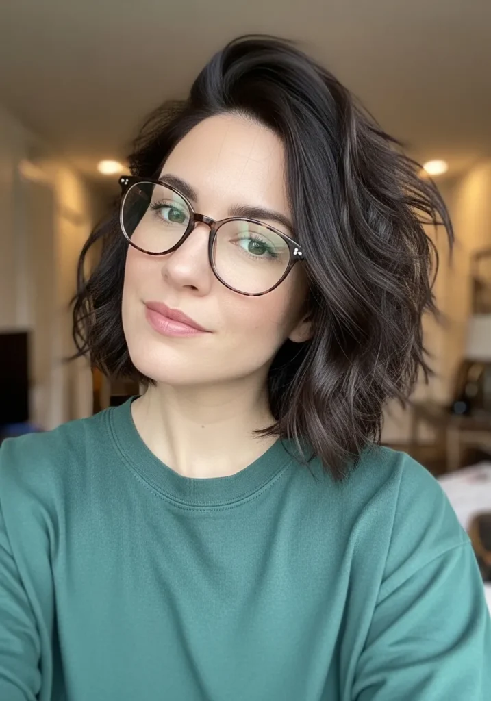 Short brunette wavy bob with soft texture and natural volume, styled with glasses.