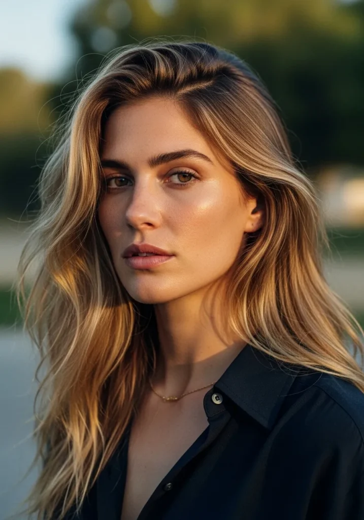Long wavy hair with soft golden balayage and loose natural texture.