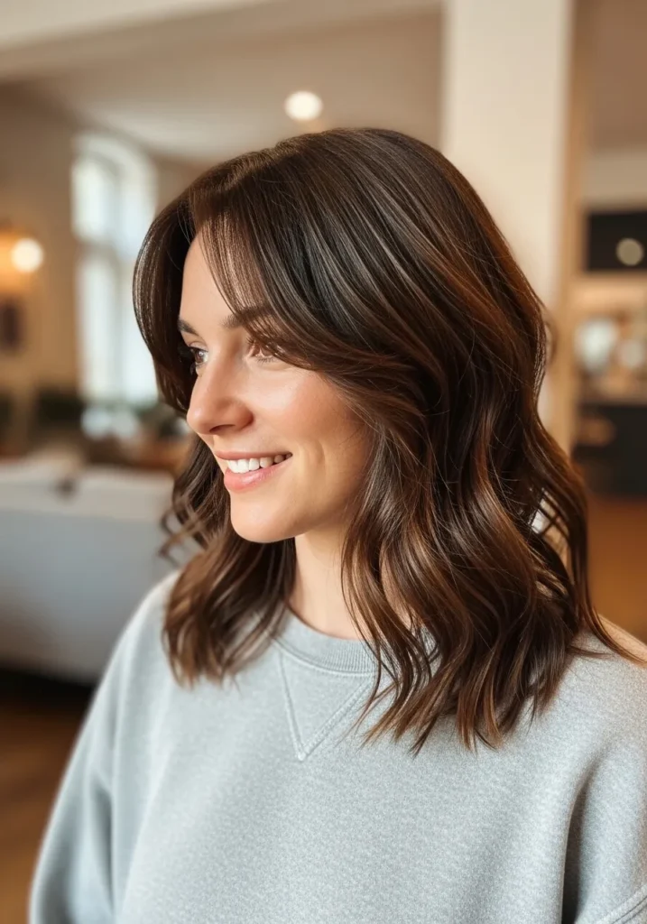 Shoulder length brown wavy lob with soft natural waves and shine.