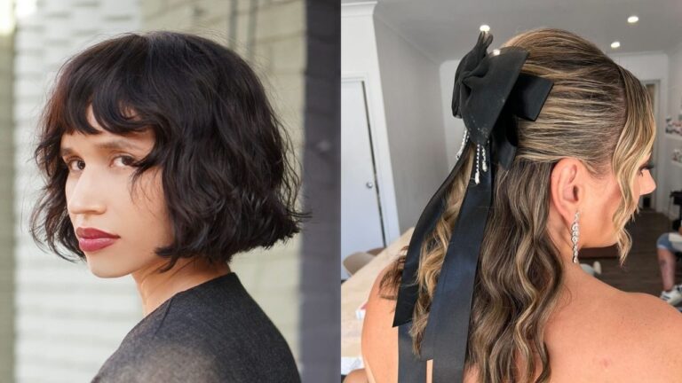 Two women showcase Parisian chic hairstyles, featuring a messy brunette bun with a black ribbon bow on the left and a relaxed, wavy blonde bob with soft curtain bangs on the right.