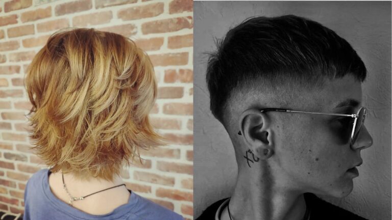 Short Tomboy Hairstyles With a Softer, Prettier Finish Side by side view of a soft layered blonde tomboy bob and a short tomboy crop with a clean faded undercut and longer top.