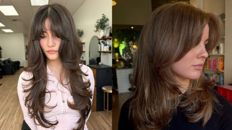 25 Pretty Summer Hairstyles for Layered Hair That Add Movement Long layered brunette hair with curtain bangs and voluminous, outward-curled ends, shown in two salon photos — one full-length front view and one side profile — both featuring warm brown tones and flowing movement.