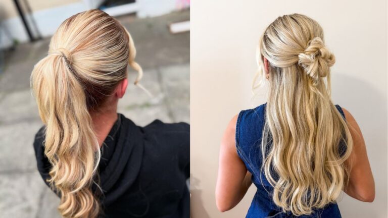 25 Trendy Long Curly Hairstyles That Upgrade Everyday Style Long blonde hair styled in a sleek low ponytail and a half up twisted bun with soft loose waves through the lengths.