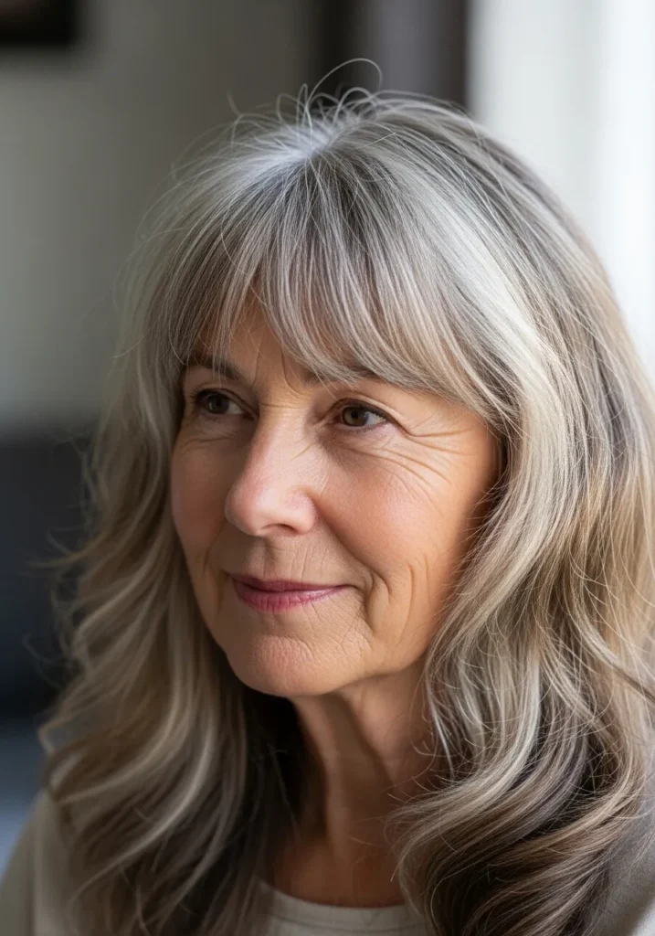 Long silver wavy hair with soft side swept bangs and natural movement.